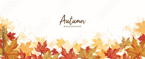 Autumn background. Thanksgiving and Harvest Day. Leaf fall horizontal banner. Watercolor maple leaves border. Vector illustration