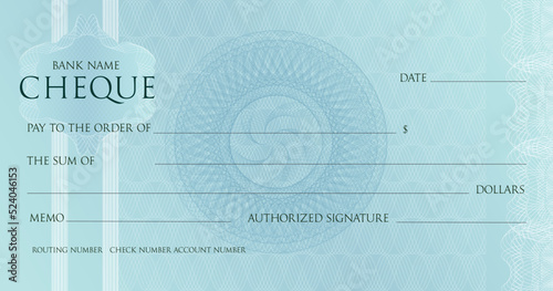 Money Check template, Chequebook paper. Blank blue business bank cheque with guilloche pattern rosette and abstract watermark. Vector Background for voucher, banknote design, gift certificate, ticket.