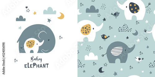 Сhildish pattern with little elephant and mom, baby shower greeting card. Animal seamless background, cute vector texture for kids bedding, fabric, wallpaper, wrapping paper, textile, t-shirt print