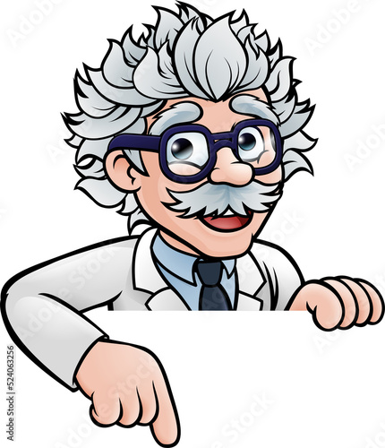 Scientist Cartoon Character Pointing Down