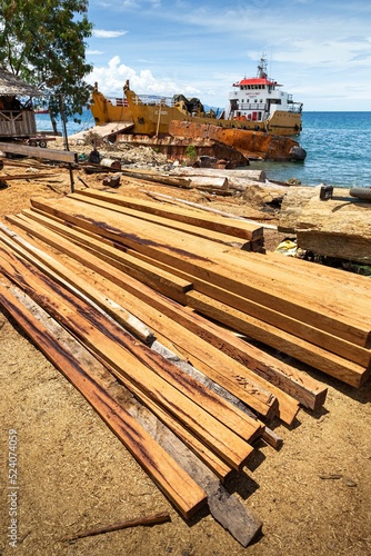 Piles of Freshly Milled Timber Waiting to be Loaded Onto a Boat in Honiara, Solomon Islands.