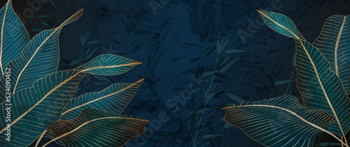 Dark luxury art background with tropical leaves in golden line style. Botanical banner with palm leaves for decoration, print, wallpaper, packaging, textile.