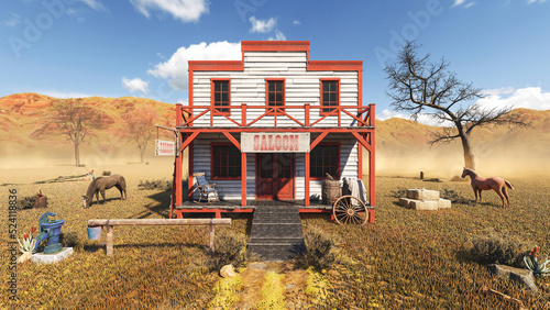 Old vintage western saloon isolated on the field in Wild West, 3d rendering