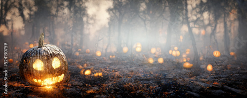 halloween background template burning pumpkin lanterns with cheerful face in forest