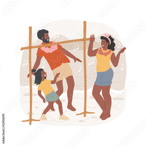 Limbo beach dance isolated cartoon vector illustration. Kids and adult doing limbo at the beach, seaside dance activity, person doing back bend, summer vacation, family travel vector cartoon.