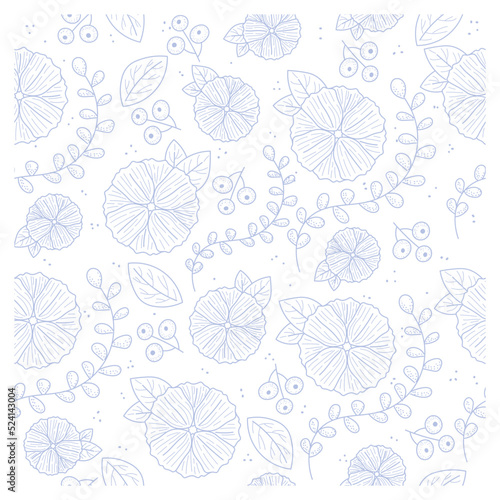 Blue hand drawn floral seamless pattern. Flowers leaves and berries. Grunge.