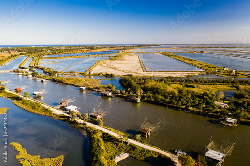 Aerial view of fishing lodges, Comacchio lagoon on sunset, Northern Italy