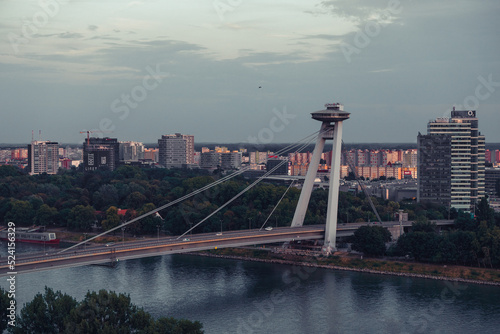 View of the UFO bridge in Bratislava, Slovakia