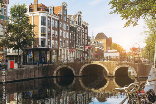 Bridge Canal Scene on the sunset, Amsterdam, The Netherlands