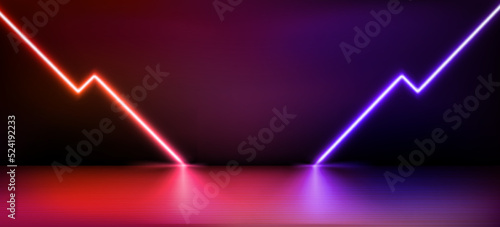 Abstract vector studio with glowing neon zigzag lamps. 3d vector illustration