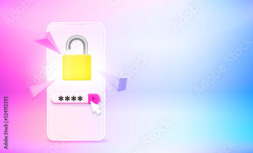Inputting pincode to unlock the smartphone. 3d vector banner with copy space