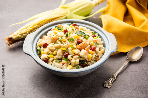 Sweet Corn Upma, makai rava uppittu made using with or without semolina , healthy Indian breakfast