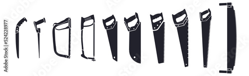 Vector set of hacksaw icons. Saw for garden, metal, wood and aerated concrete