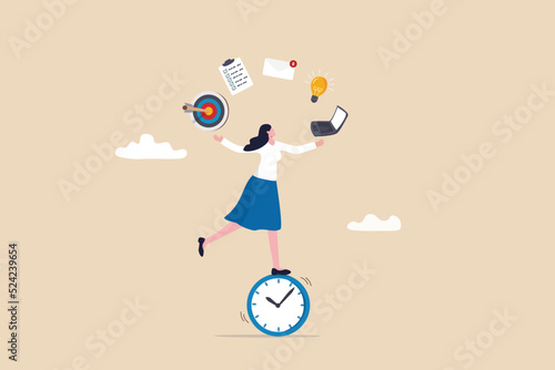 Productive woman, multitasking or time management professional, productivity or entrepreneurship, work efficiency or organize schedule, productive businessman woman balance on clock managing tasks.