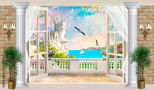 View from the balcony to the beautiful seascape. Swallow's nest. Crimea. Wallpaper, mural, digital collage.