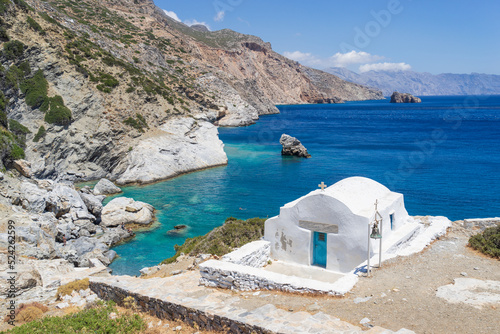 Whitewashed chapel at Agia Anna beach on Amorgos Island in Greece.