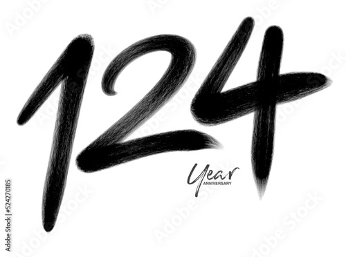 124 Years Anniversary Celebration Vector Template, 124 number logo design, 124th birthday, Black Lettering Numbers brush drawing hand drawn sketch, number logo design vector illustration