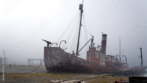 Old whaling ship in the fog, at the old whaling station in Grytviken, South Georgia Island