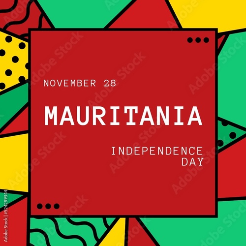 Composition of mauritania independence day text over red, yellow and green pattern
