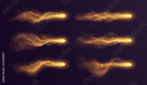 Golden light trail, magic stardust with haze and sparkles, realistic fireball. Fantasy game vfx effect, spell blast in motion isolated on dark background. Vector illustration.