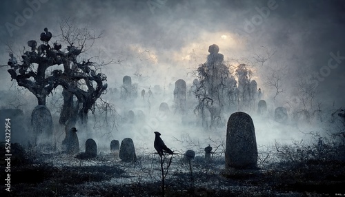 At night, the cemetery is covered with fog.