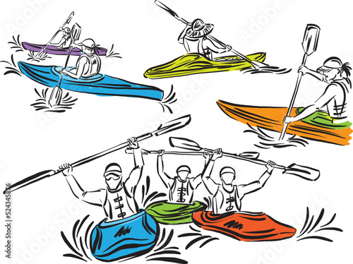 kayak extreme sport people stroke brush vector illustration