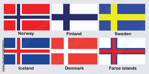 Simple flags of Scandinavia. Nordic countries.