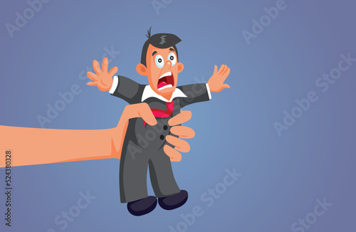 Hand Holding a Desperate Businessman Screaming Vector Cartoon. Scared man being squeezed by power hungry business manager 