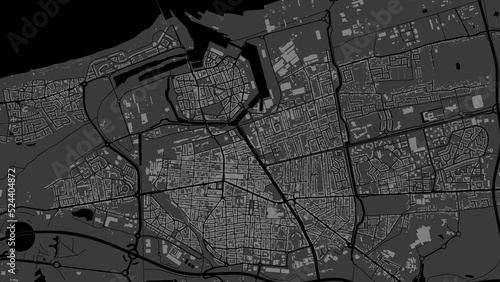 Dark black Calais city area vector background map, roads and water illustration. Widescreen proportion, digital flat design.