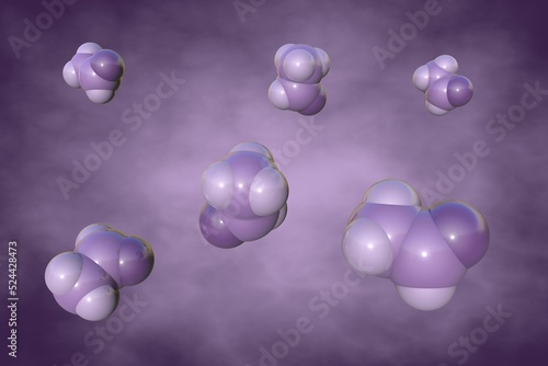 Acetaldehyde or ethanal, an organic chemical compound produced by plants and one of the most important aldehydes. Molecular model on very peri background. Scientific background. 3d illustration