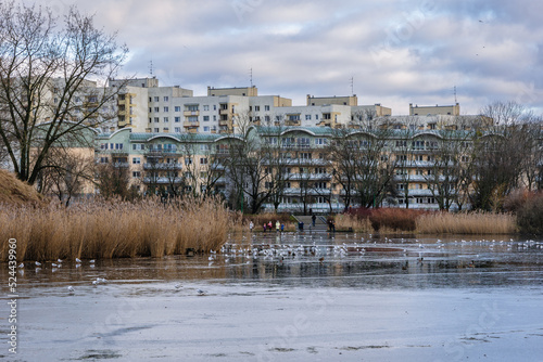 Residential buildings over pond in Szczesliwice Park in Ochota district of Warsaw in Poland