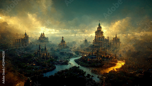 The Lost Golden City with Castle Palace and River. Concept Art. Realistic Illustration. Video Game Digital CG Artwork Background. Nature Scenery. Book Illustration. Video Game Scene. Serious Painting.