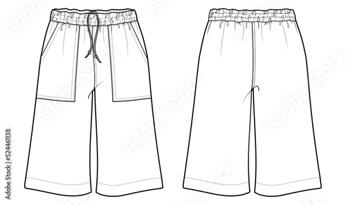 men's shorts flat sketch vector illustration front and back view template. cad mockup.