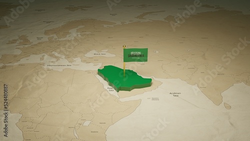 3d rendering independence day of Saudi Arabia national flag flying on country map on world