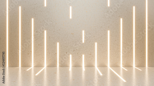 Vertical lights in the reflected concrete wall. Empty showroom space for products and design.