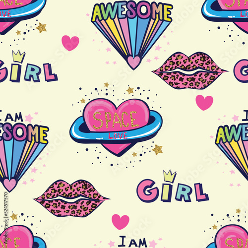 hand drawn fashion girls pattern. Colourful modern teenagers background with graffiti elements, stickers. girlish print for textile, clothes, wrapping paper.