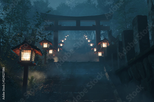 3d rendering of an old japanese shrine with red torii gate and wooden illuminated lantern at foggy night