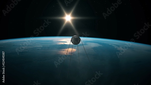 Satellite Sputnik 1 in its orbit in space with Earth below. 3D rendering of the first artificial satellite orbiting Earth. 