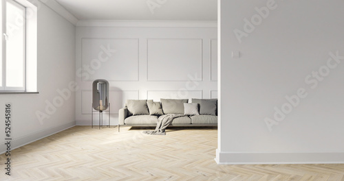 Wnętrze, pokój z białymi ścianami i ozdobnymi sztukateriami. Dębowa klasyczna podłoga. 3d rendering