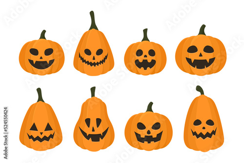 Halloween pumpkin set. Orange happy and scary pumpkin face. Vector illustration isolated on white background.
