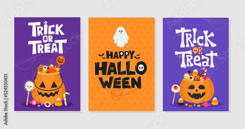 Set of Happy Halloween and Trick or Treat greeting cards. Celebration party invitations or poster designs. Vector illustration.