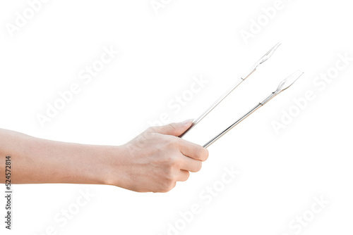 Hand holding kitchen tongs isolated on transparent background - PNG format.