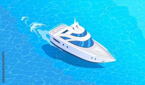 Isometric white boat in ocean water vector illustration