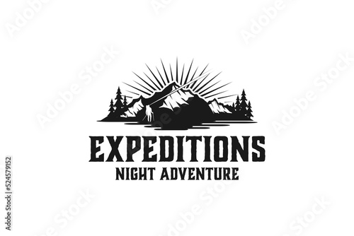 Mountain outdoor logo sunset scene night survival illustration camp adventure pine tree