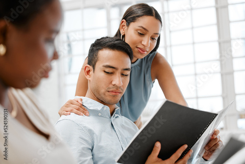 Workplace harassment, sexual abuse and unprofessional behavior from flirting business woman touching a coworker in an office. Awkward man feeling uncomfortable with unethical relationship and affair