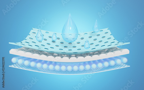 3D Blue water drop fall onto absorbent pad. Close up of moisture absorbing fiber sheets with 5 sections. Odor materials for baby, adult diapers, sanitary pad, absorbing cloth advertising. 3d render.