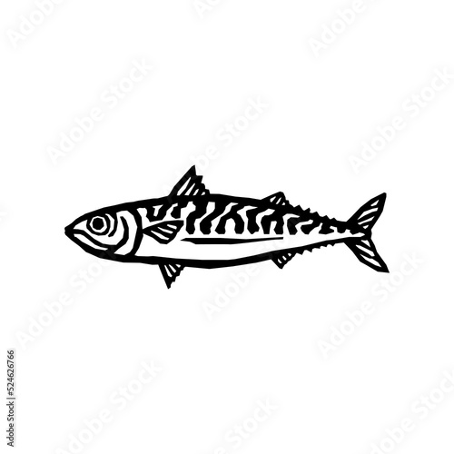 mackerel, fish, Japanese woodcut style hand-drawn vector illustration