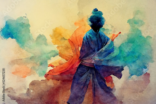 Tai chi master in the flow of color and harmony, spirit and mindfullness