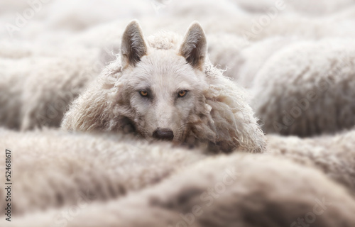 Wolf in a flock of sheep with wool clothing. Wolf pretending to be a sheep concept.