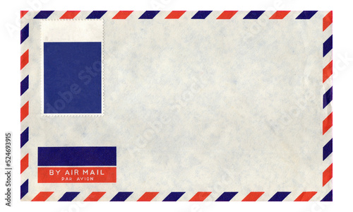 A nice vintage airmail letter envelope, front side, with a blank stamp, stripes on the margins and lots of copy space. Isolated. 